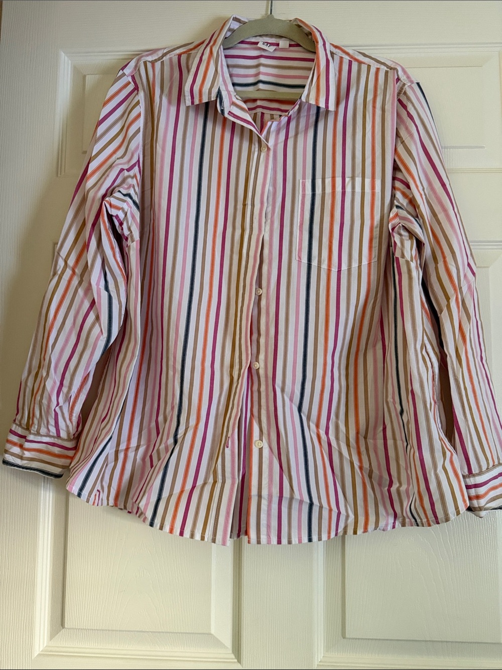 GAP Multi-Color Striped Button-Down Shirt — White, Pink, Orange, Green, Blue
